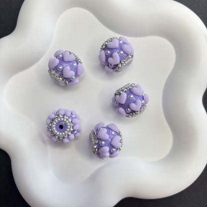 Luxurious Flocked Heart Large Hole Beads - Pearl & Rhinestone | Acrylic Bead for DIY Bracelet Keychain Jewelry Making