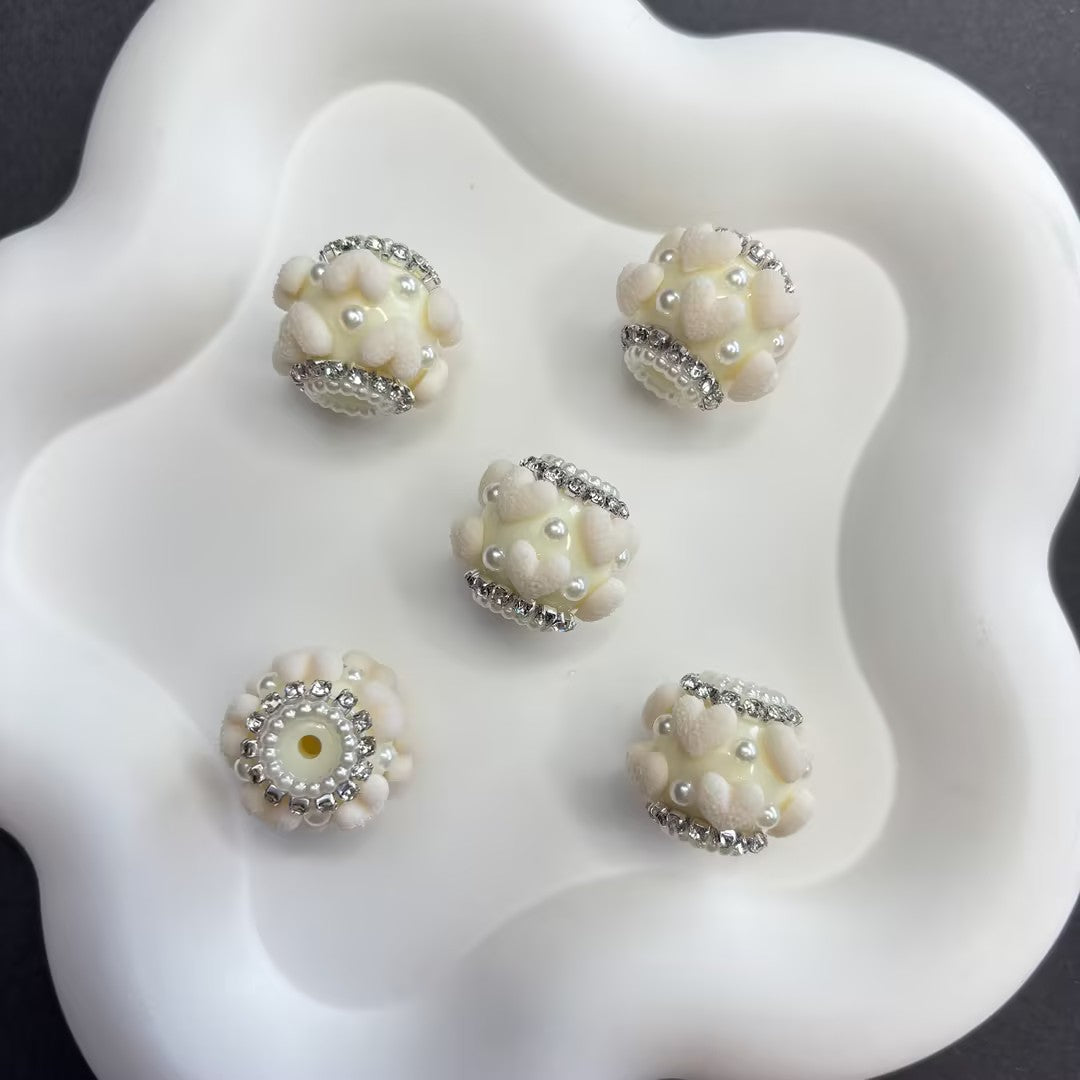 Luxurious Flocked Heart Large Hole Beads - Pearl & Rhinestone | Acrylic Bead for DIY Bracelet Keychain Jewelry Making