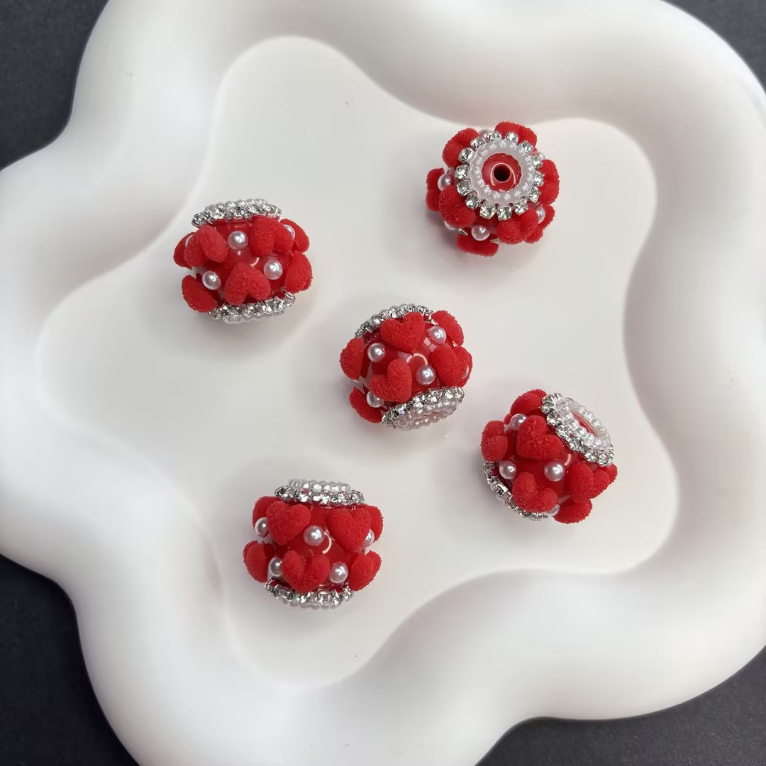 Luxurious Flocked Heart Large Hole Beads - Pearl & Rhinestone | Acrylic Bead for DIY Bracelet Keychain Jewelry Making