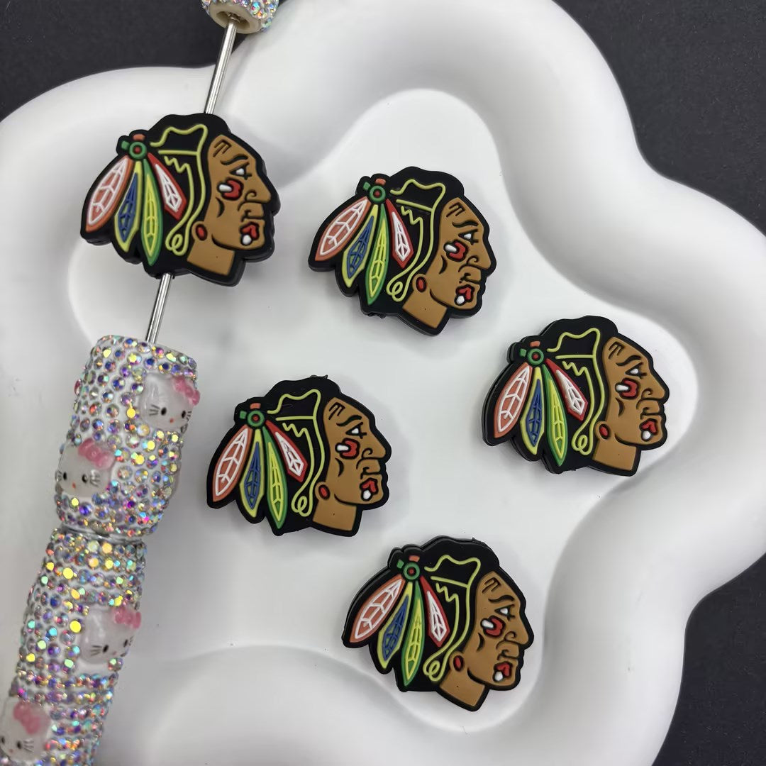NHL  Hockey Team Focal Beads - Black & Red Indian Chief Silicone Beads for | DIY Sports Fan Bracelet & Keychain Craft Bead