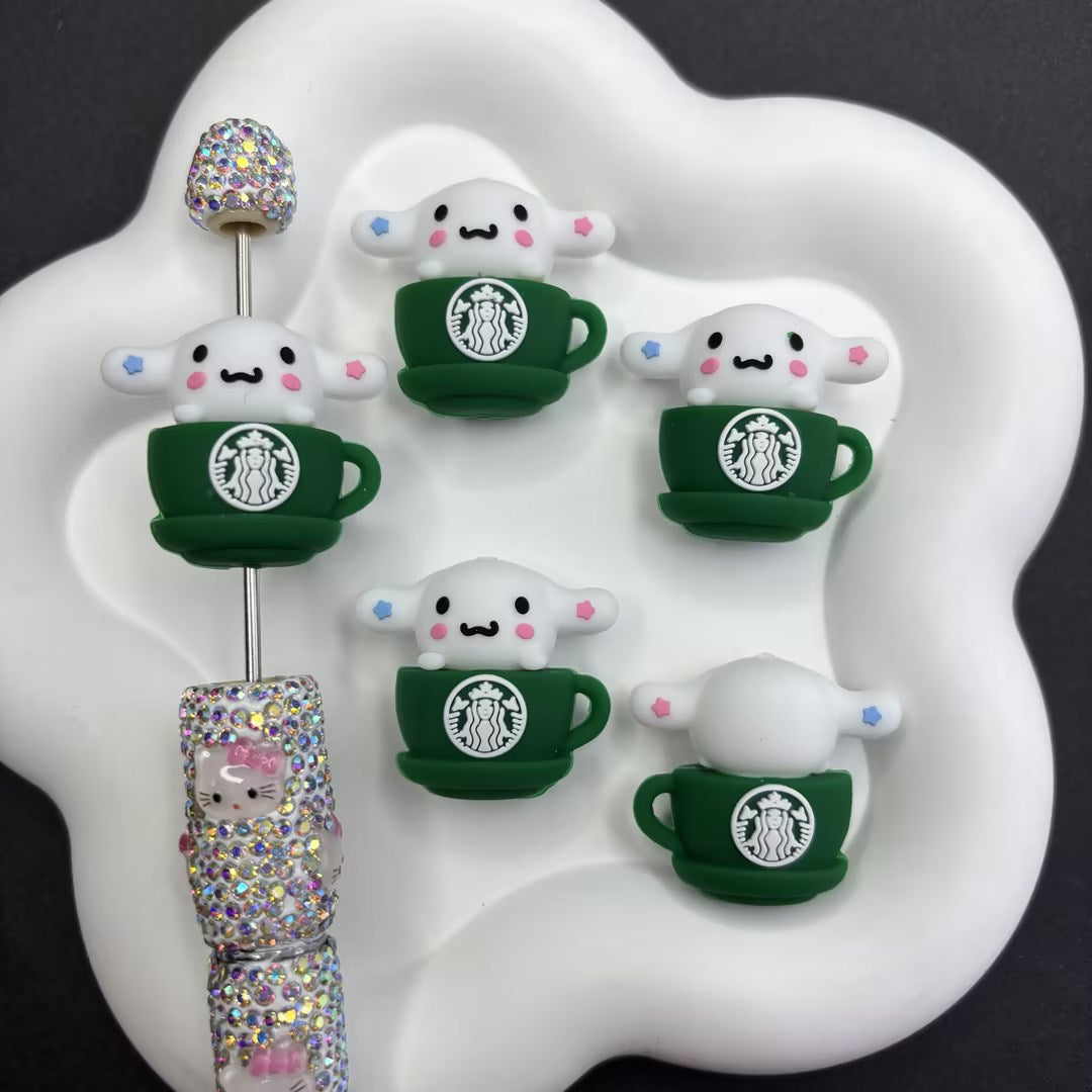 Kawaii Coffee Cup Silicone Focal Beads - Cartoon Character In Green | Silicone Focal Bead for DIY Keychain & Pen Wrap
