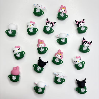 Kawaii Coffee Cup Silicone Focal Beads - Cartoon Character In Green | Silicone Focal Bead for DIY Keychain & Pen Wrap