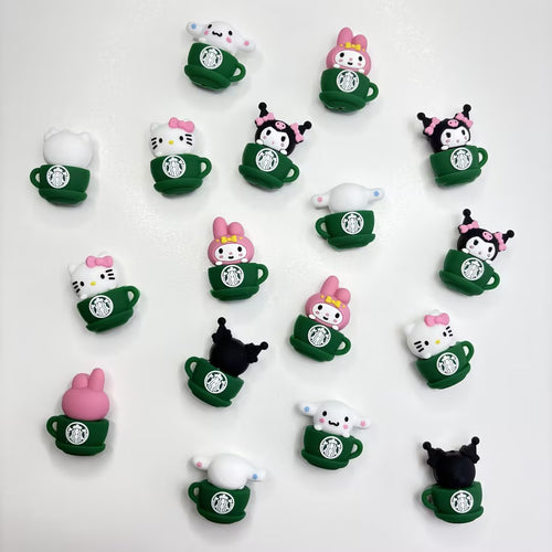 Kawaii Coffee Cup Silicone Focal Beads - Cartoon Character In Green | Silicone Focal Bead for DIY Keychain & Pen Wrap