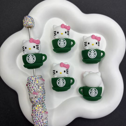 Kawaii Coffee Cup Silicone Focal Beads - Cartoon Character In Green | Silicone Focal Bead for DIY Keychain & Pen Wrap