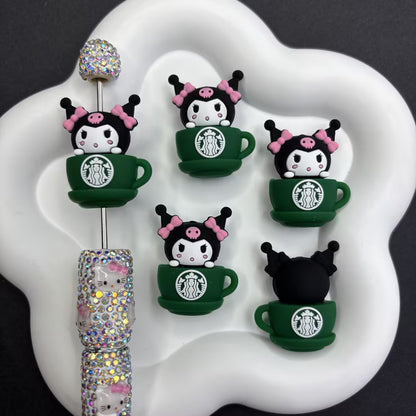Kawaii Coffee Cup Silicone Focal Beads - Cartoon Character In Green | Silicone Focal Bead for DIY Keychain & Pen Wrap