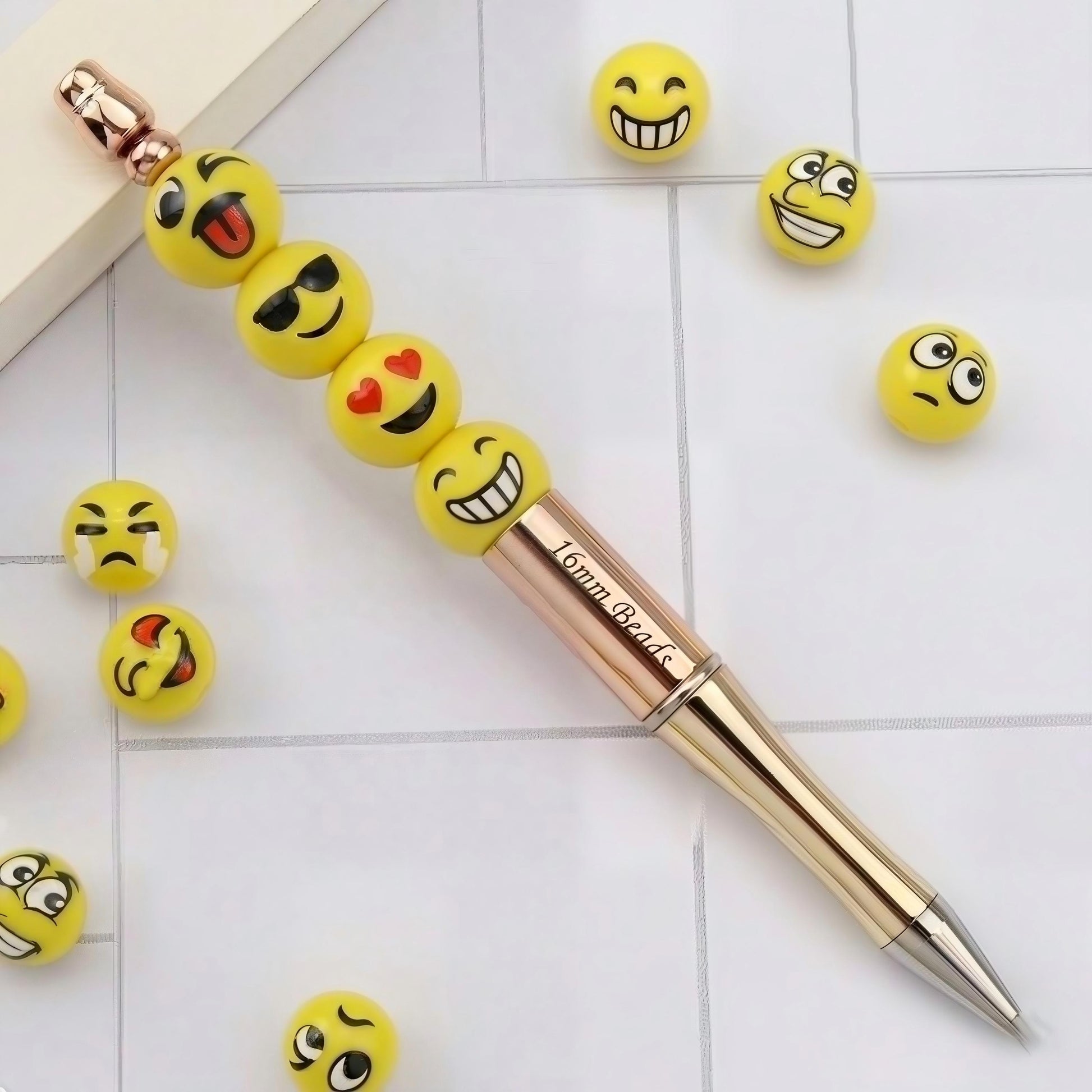 16mm Yellow Emoji Acrylic Round Beads for Beadable Pens, DIY | Acrylic Bead for DIY Bracelet Keychain Jewelry Making