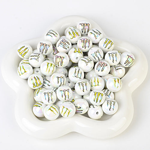16mm Monster Energy Inspired Pearl Beads - Edgy Iridescent White | Acrylic Bead for DIY Bracelet Keychain Jewelry Making
