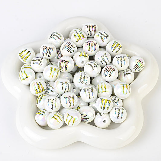 16mm Monster Energy Inspired Pearl Beads - Edgy Iridescent White | Acrylic Bead for DIY Bracelet Keychain Jewelry Making