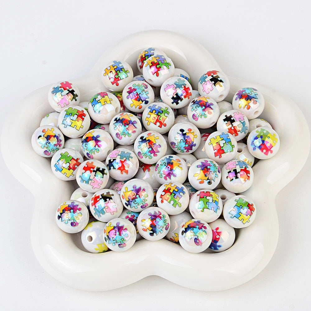 16mm Colorful Puzzle Print Acrylic Beads for Beadable Pens - Jigsaw | Acrylic Bead for DIY Bracelet Keychain Jewelry Making
