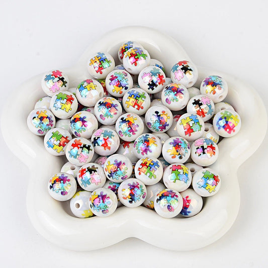 16mm Colorful Puzzle Print Acrylic Beads for Beadable Pens - Jigsaw | Acrylic Bead for DIY Bracelet Keychain Jewelry Making
