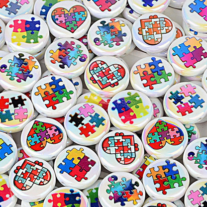 24mm Puzzle Heart AB Iridescent Acrylic Lentil Beads - Large Round | Acrylic Bead for DIY Bracelet Keychain Jewelry Making