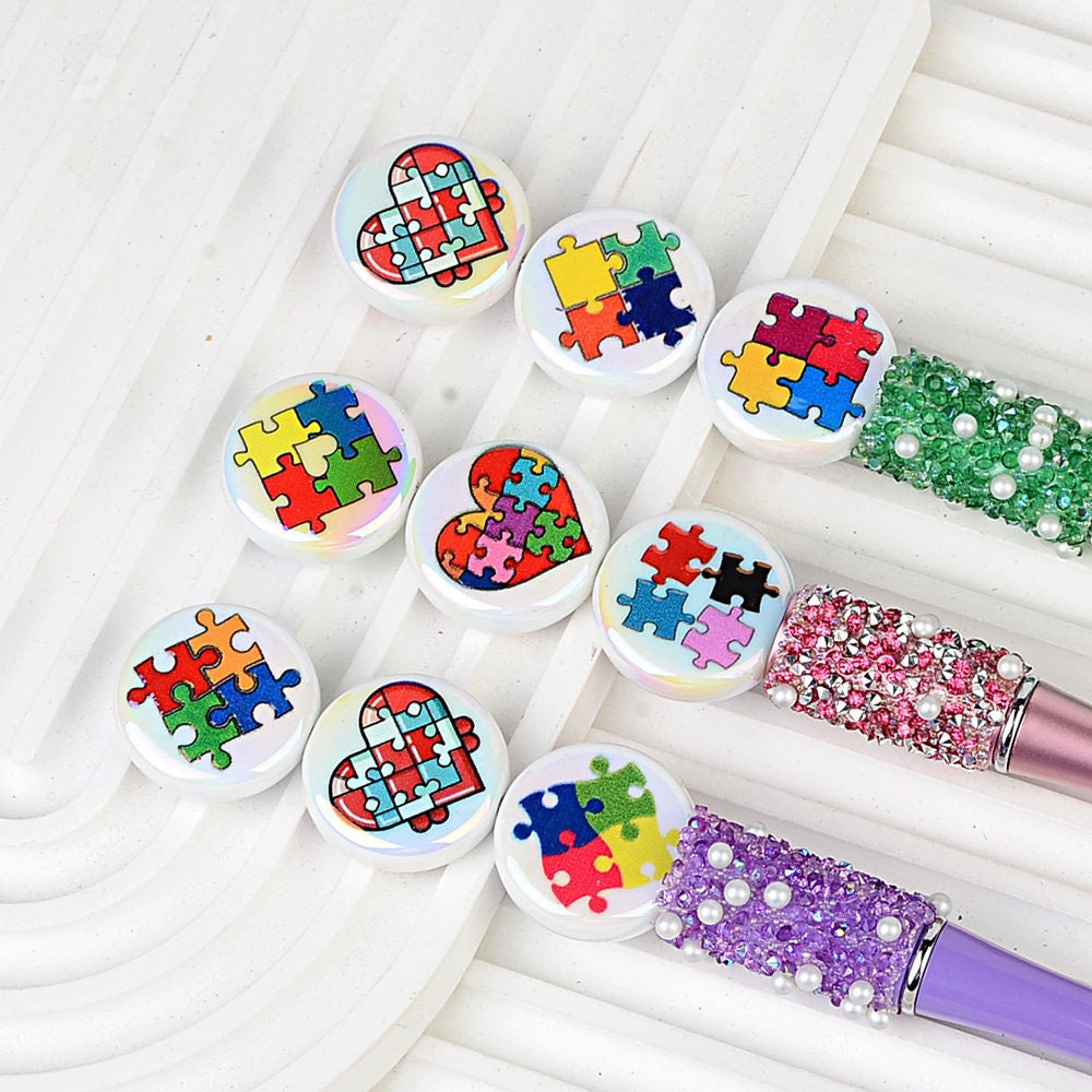 24mm Puzzle Heart AB Iridescent Acrylic Lentil Beads - Large Round | Acrylic Bead for DIY Bracelet Keychain Jewelry Making