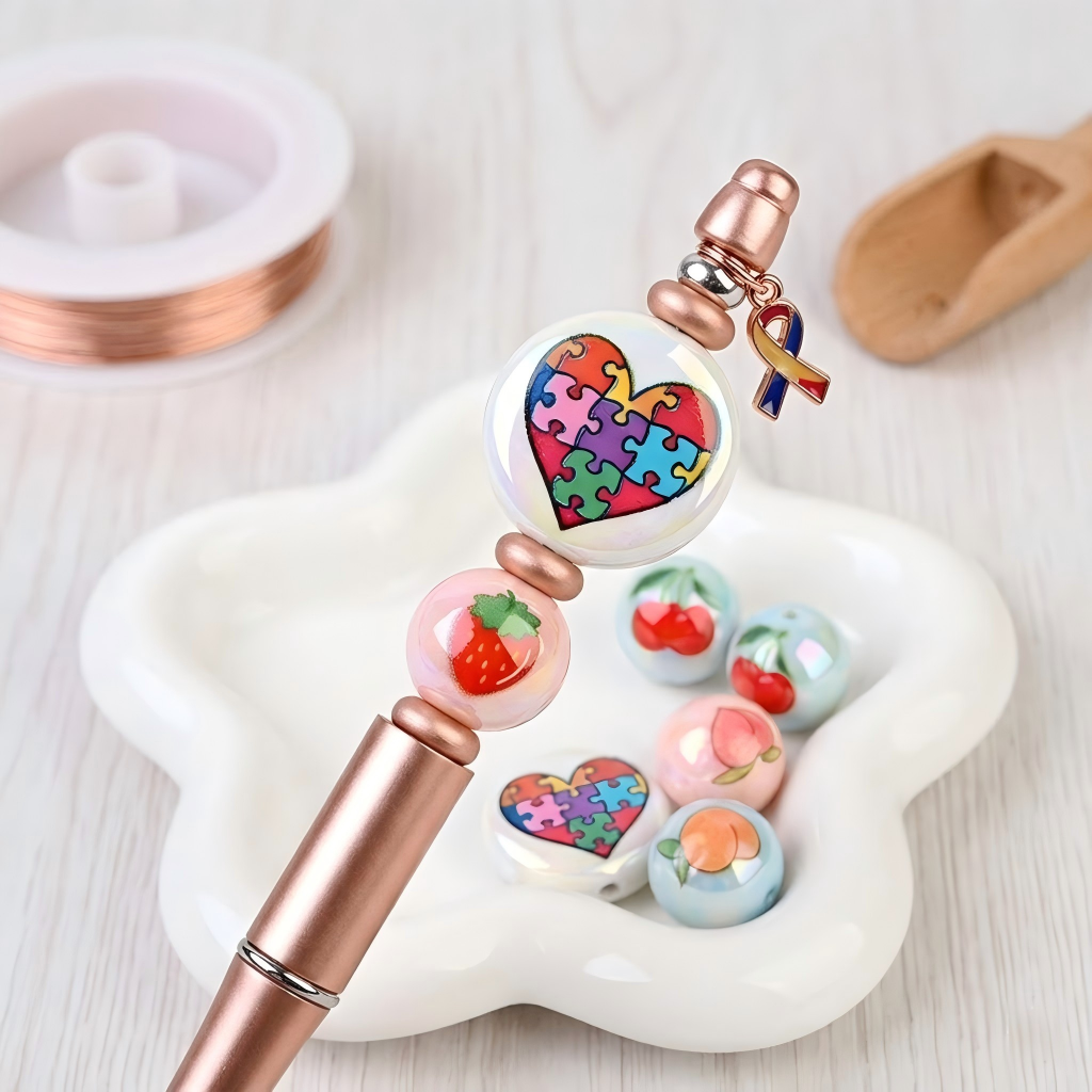 24mm Puzzle Heart AB Iridescent Acrylic Lentil Beads - Large Round | Acrylic Bead for DIY Bracelet Keychain Jewelry Making