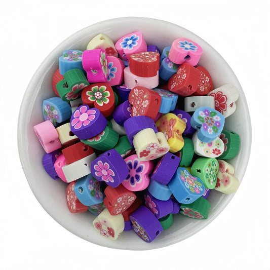 Vintage Flower & Heart Polymer Clay Beads - 50PCS Mixed Colorful | Clay Bead for DIY Bracelet Keychain & Boho Jewelry