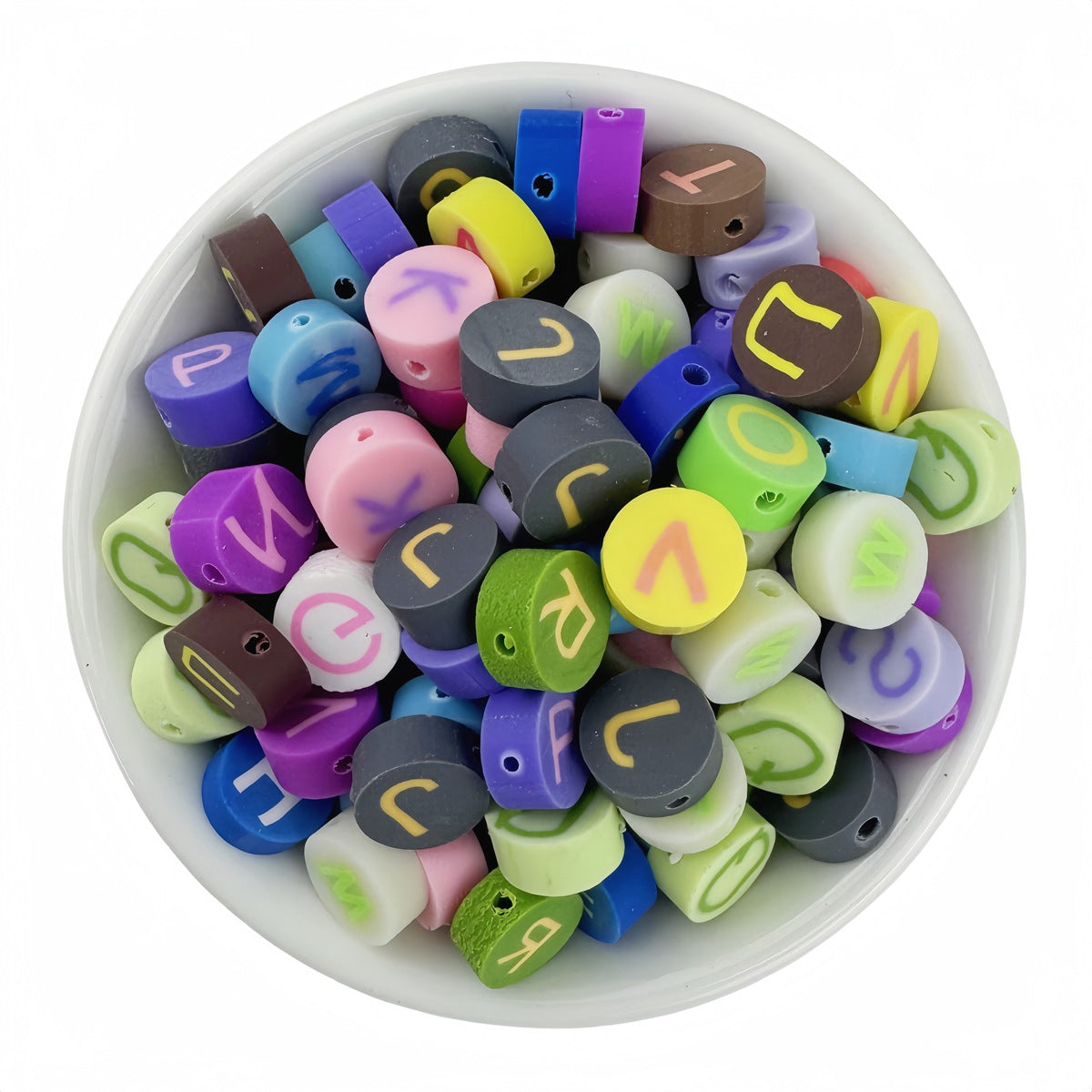 50pcs Colorful Alphabet Polymer Clay Beads Mix - 10mm Round Flat | Clay Bead for DIY Bracelet Keychain & Boho Jewelry