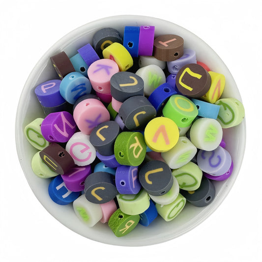 50pcs Colorful Alphabet Polymer Clay Beads Mix - 10mm Round Flat | Clay Bead for DIY Bracelet Keychain & Boho Jewelry