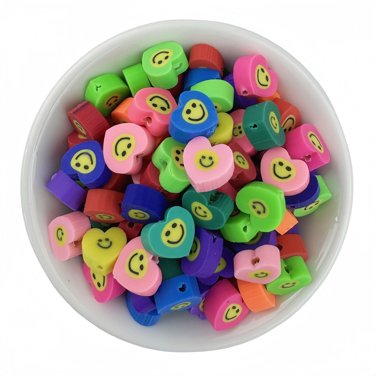 50pcs mixed-color heart and smiley face polymer clay beads - 10mm | Clay Bead for DIY Bracelet Keychain & Boho Jewelry