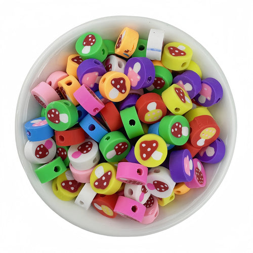 50pcs mixed-color round mushroom-shaped polymer clay beads - 10mm | Clay Bead for DIY Bracelet Keychain & Boho Jewelry