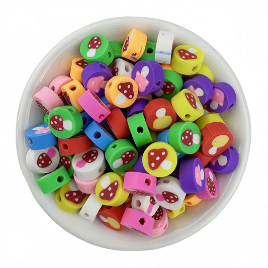 50pcs mixed-color round mushroom-shaped polymer clay beads - 10mm | Clay Bead for DIY Bracelet Keychain & Boho Jewelry