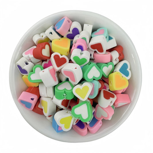 50pcs mixed-color heart-shaped polymer clay beads - 10mm | Clay Bead for DIY Bracelet Keychain & Boho Jewelry
