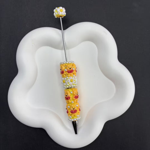 Handmade Winnie the Pooh Inspired Beadable Pen - 3D Cartoon Bear & Floral Focal Beads, | DIY Beadable Pen Craft Gift Idea