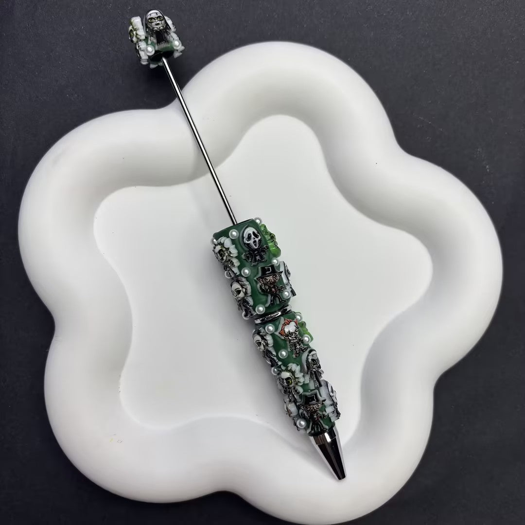 Spooky Season Beaded Pen with 3D Horror Icons - Classic Movie Character Charms, Custom | DIY Beadable Pen Craft Gift Idea