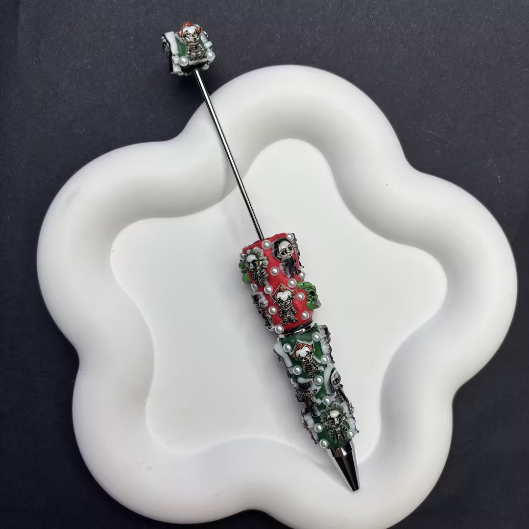 Spooky Season Beaded Pen with 3D Horror Icons - Classic Movie Character Charms, Custom | DIY Beadable Pen Craft Gift Idea