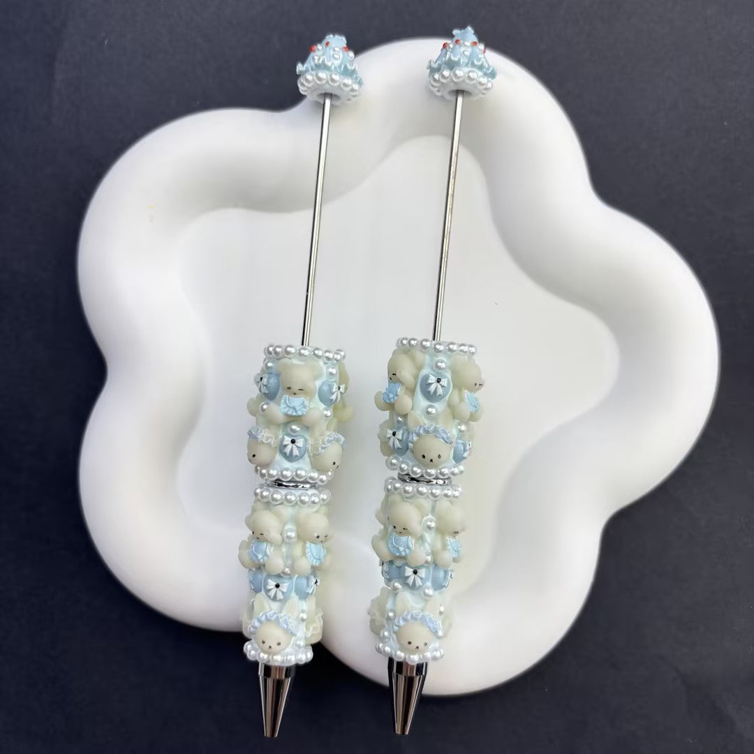 Kawaii 3D Bunny & Bear Beadable Pens - Pastel Blue Aesthetic Focal Pens for Desk Decor | DIY Beadable Pen Craft Gift Idea