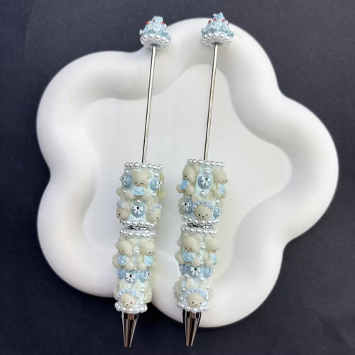 Kawaii 3D Bunny & Bear Beadable Pens - Pastel Blue Aesthetic Focal Pens for Desk Decor | DIY Beadable Pen Craft Gift Idea