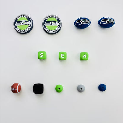 Seattle Seahawks NFL Team Spirit Bracelet Kit - Navy & Action Green Waxed Cord with Helmet, Rugby Ball, and Letter Beads