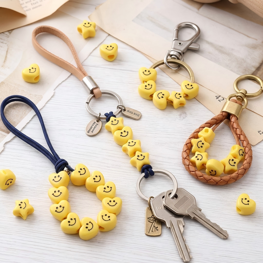 Yellow Smiley Face Acrylic Beads, Large Hole Star & Heart Shaped | Acrylic Bead for DIY Bracelet Keychain Jewelry Making
