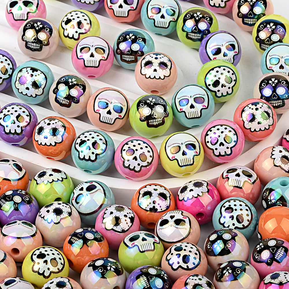 16mm Round & 24mm Coin Sugar Skull Beads, Acrylic Calavera Spacer | Acrylic Bead for DIY Bracelet Keychain Jewelry Making
