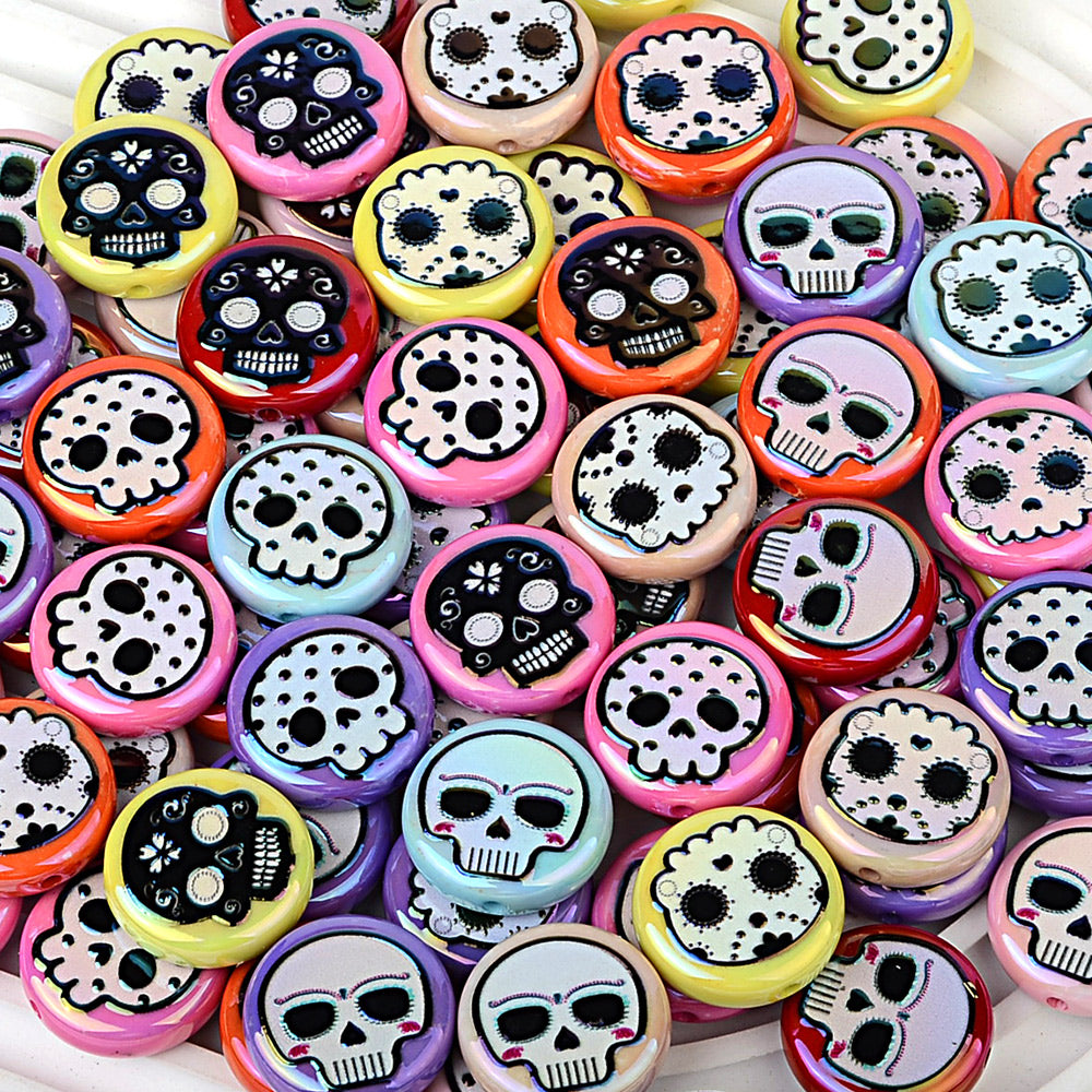 16mm Round & 24mm Coin Sugar Skull Beads, Acrylic Calavera Spacer | Acrylic Bead for DIY Bracelet Keychain Jewelry Making