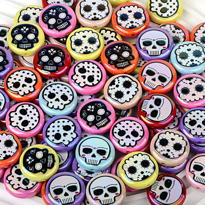 16mm Round & 24mm Coin Sugar Skull Beads, Acrylic Calavera Spacer | Acrylic Bead for DIY Bracelet Keychain Jewelry Making