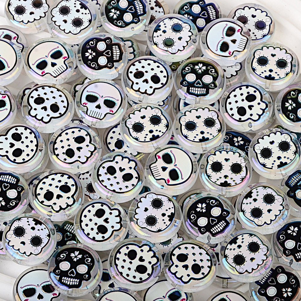 16mm Round & 24mm Coin Sugar Skull Beads, Acrylic Calavera Spacer | Acrylic Bead for DIY Bracelet Keychain Jewelry Making