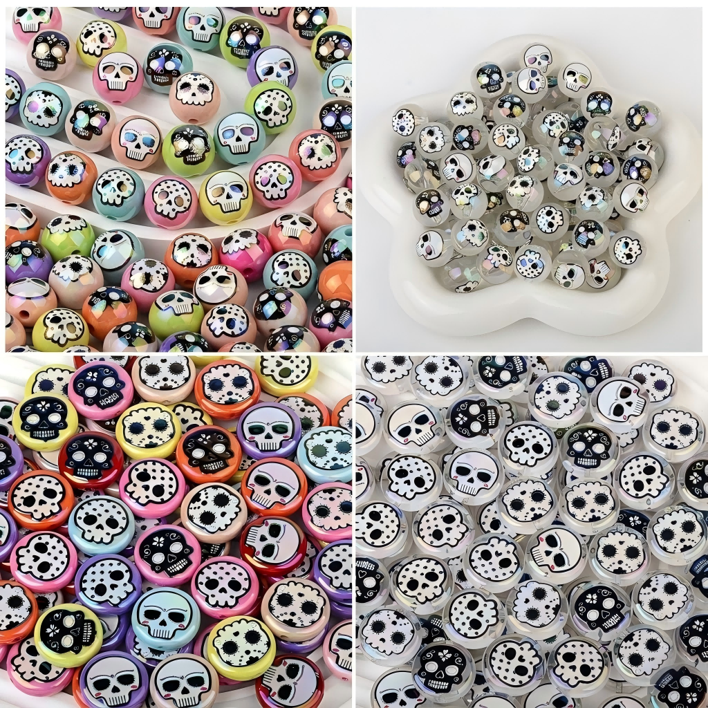 16mm Round & 24mm Coin Sugar Skull Beads, Acrylic Calavera Spacer | Acrylic Bead for DIY Bracelet Keychain Jewelry Making