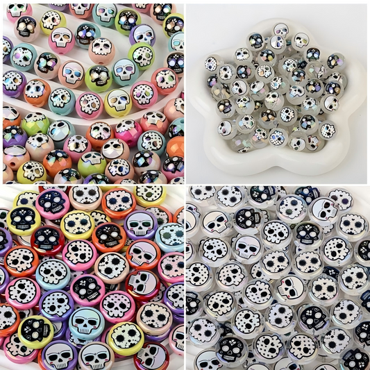 16mm Round & 24mm Coin Sugar Skull Beads, Acrylic Calavera Spacer | Acrylic Bead for DIY Bracelet Keychain Jewelry Making