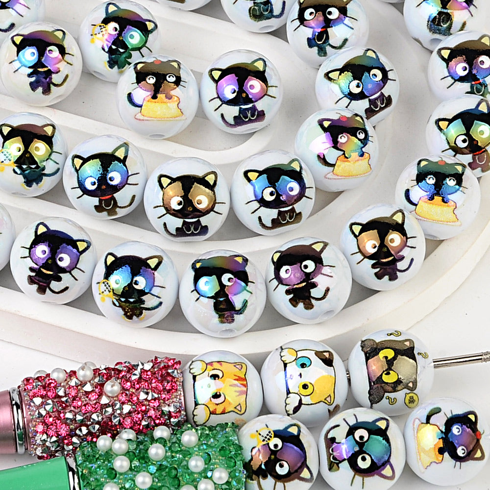 16mm Cute Cat Acrylic Beads, Iridescent AB Aurora Kitten Beads for | Acrylic Bead for DIY Bracelet Keychain Jewelry Making