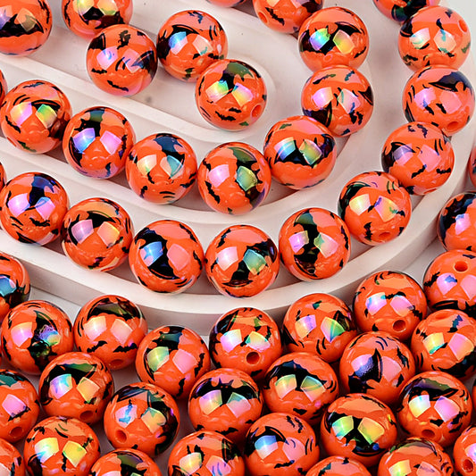 16mm AB Coating Halloween Bat Beads Orange & White Iridescent Round | Acrylic Bead for DIY Bracelet Keychain Jewelry Making