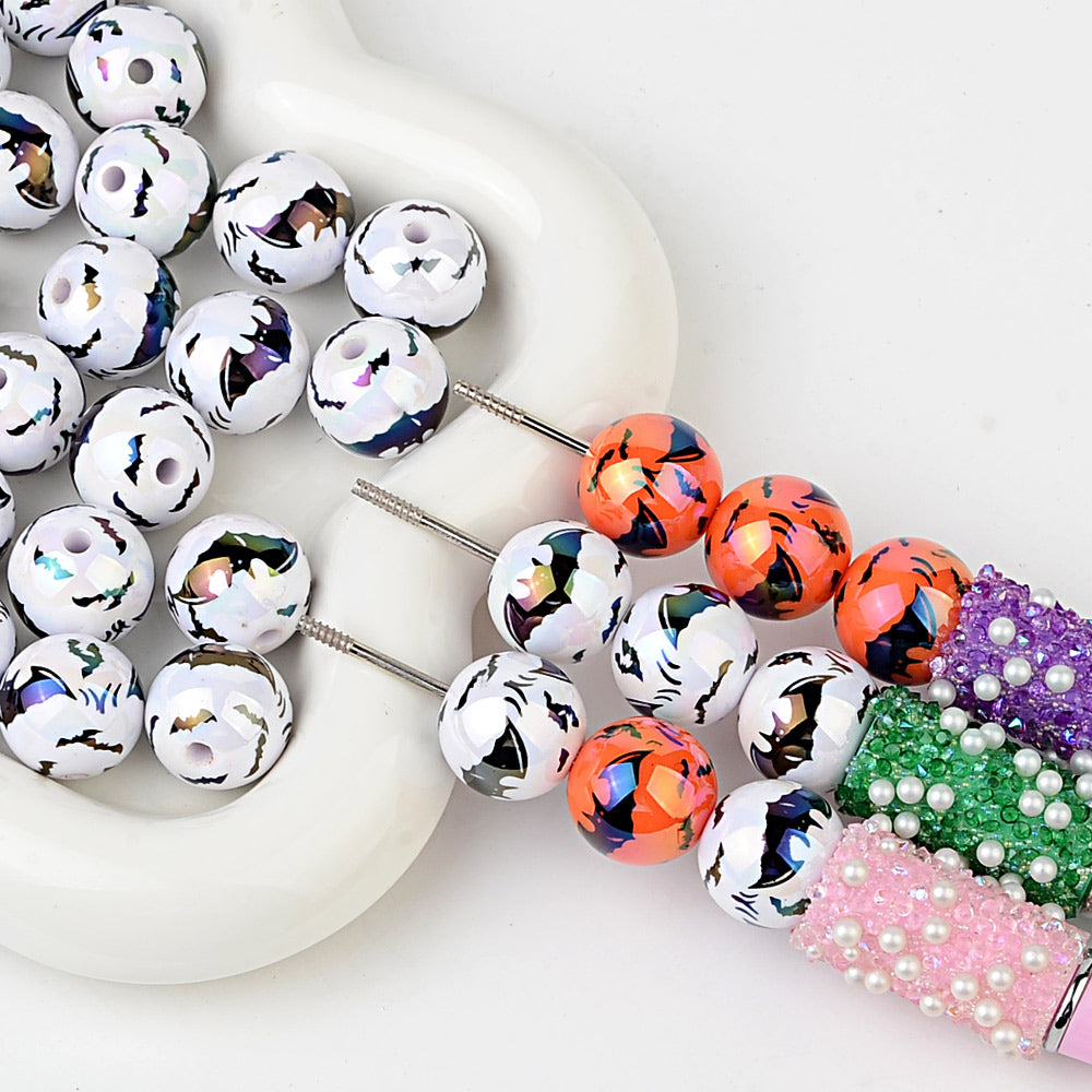 16mm AB Coating Halloween Bat Beads Orange & White Iridescent Round | Acrylic Bead for DIY Bracelet Keychain Jewelry Making