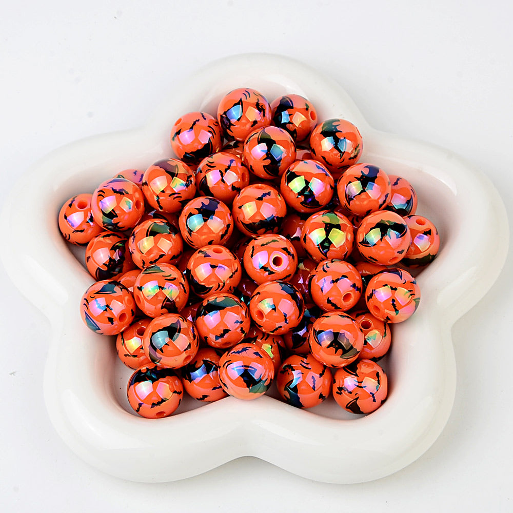 16mm AB Coating Halloween Bat Beads Orange & White Iridescent Round | Acrylic Bead for DIY Bracelet Keychain Jewelry Making