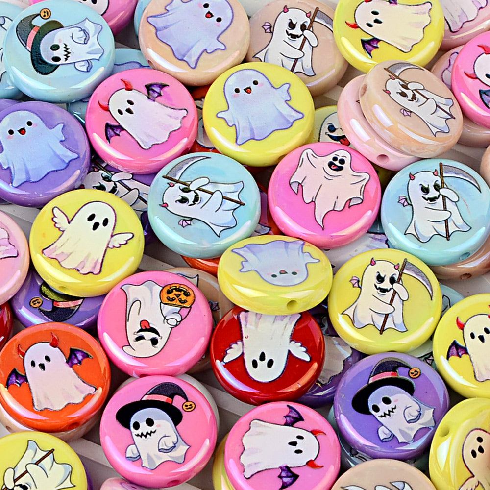 24mm Halloween Ghost Acrylic Beads, 4 Styles Iridescent Cute Ghost | Acrylic Bead for DIY Bracelet Keychain Jewelry Making