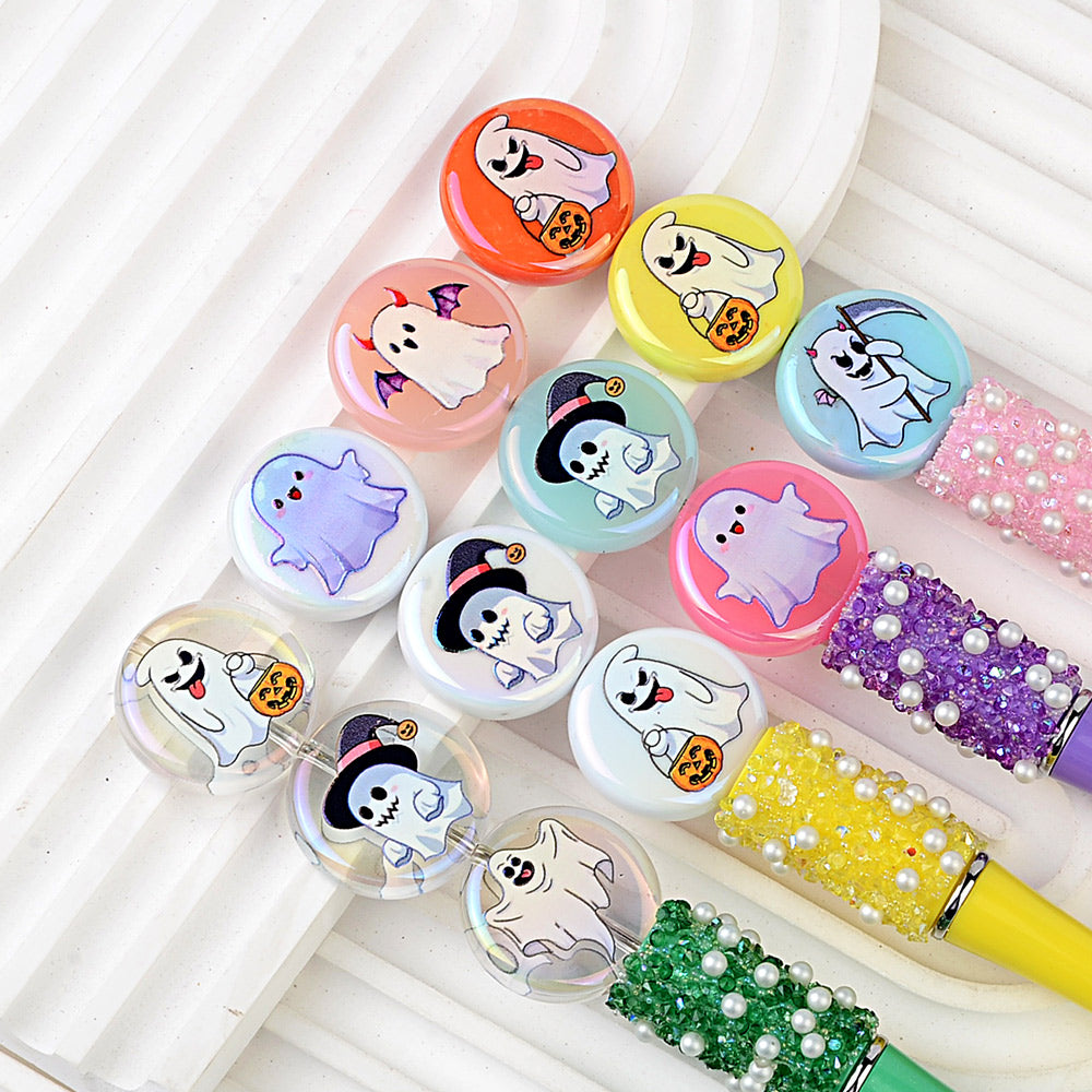 24mm Halloween Ghost Acrylic Beads, 4 Styles Iridescent Cute Ghost | Acrylic Bead for DIY Bracelet Keychain Jewelry Making
