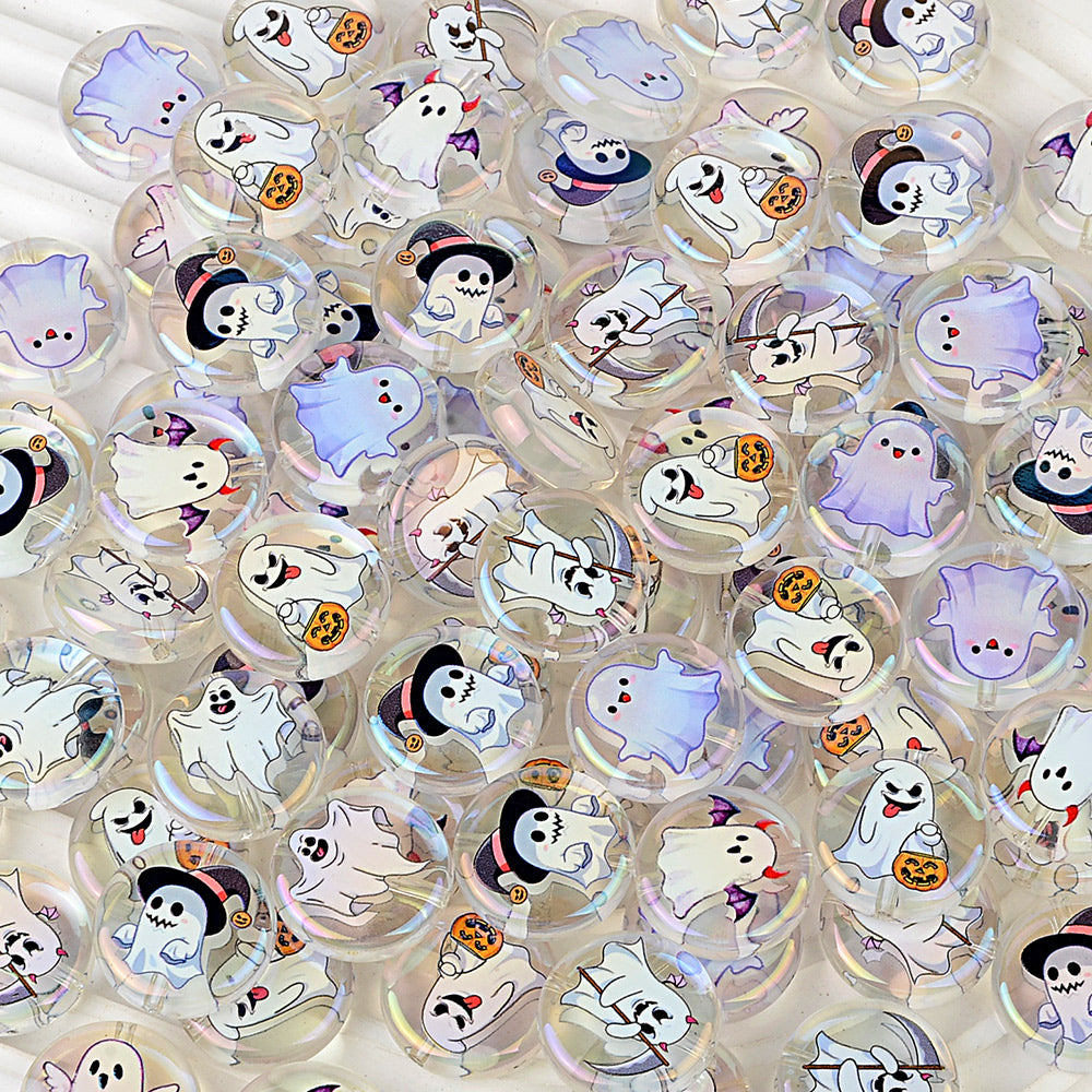 24mm Halloween Ghost Acrylic Beads, 4 Styles Iridescent Cute Ghost | Acrylic Bead for DIY Bracelet Keychain Jewelry Making