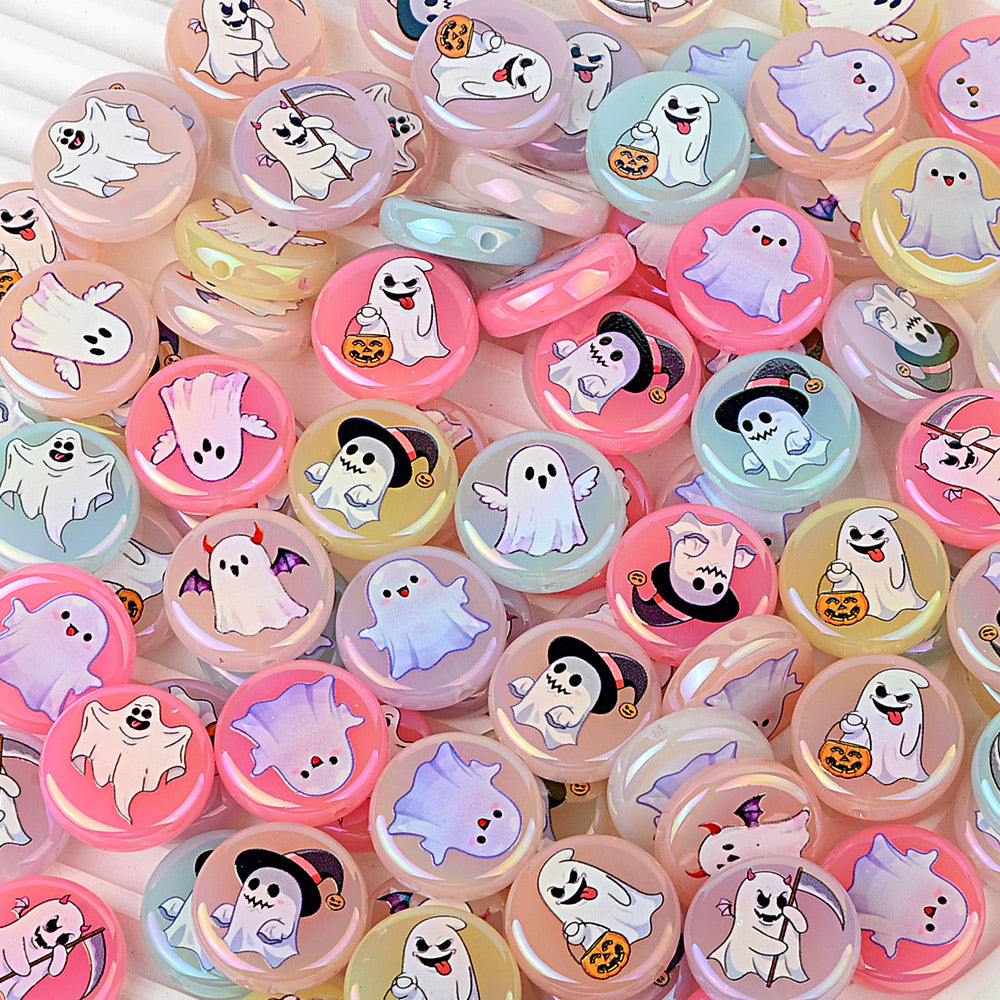 24mm Halloween Ghost Acrylic Beads, 4 Styles Iridescent Cute Ghost | Acrylic Bead for DIY Bracelet Keychain Jewelry Making