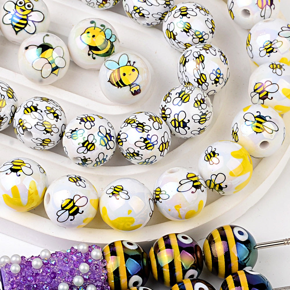 16mm Cute Bee Bubblegum Beads, AB Luster Bumblebee Round Spacer | Acrylic Bead for DIY Bracelet Keychain Jewelry Making