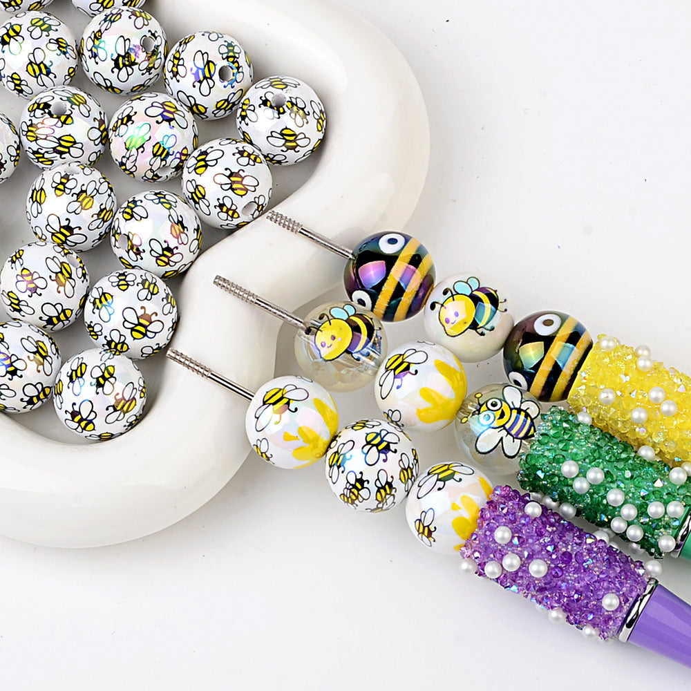 16mm Cute Bee Bubblegum Beads, AB Luster Bumblebee Round Acrylic | Acrylic Bead for DIY Bracelet Keychain Jewelry Making
