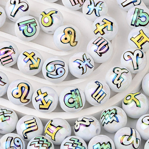 16mm Zodiac Sign Bubblegum Beads, AB Luster Astrology Constellation | Acrylic Bead for DIY Bracelet Keychain Jewelry Making