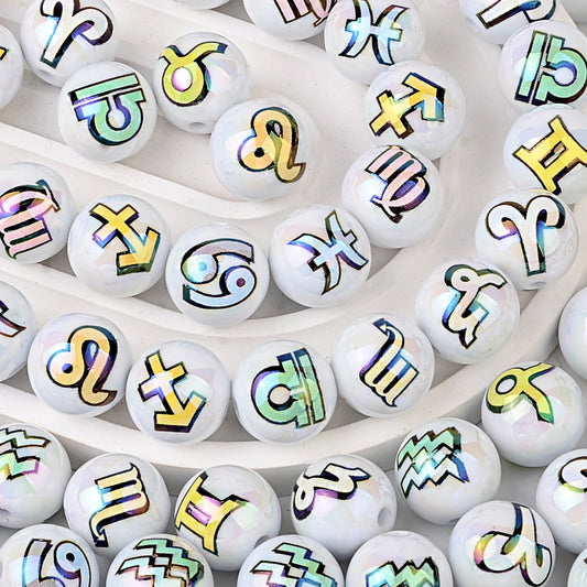 16mm Zodiac Sign Bubblegum Beads, AB Luster Astrology Constellation | Acrylic Bead for DIY Bracelet Keychain Jewelry Making