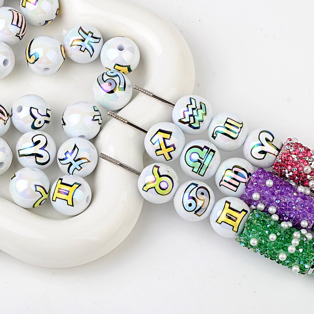 16mm Zodiac Sign Bubblegum Beads, AB Luster Astrology Constellation | Acrylic Bead for DIY Bracelet Keychain Jewelry Making